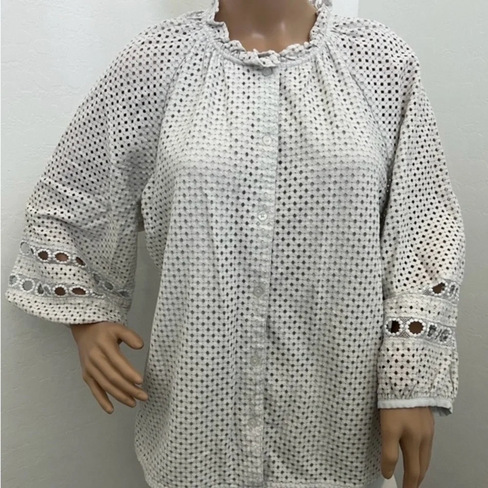Banana Republic White Eyelet Peasant Blouse Ruffled Trim 3/4 Sleeves - Size XL